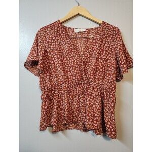 Hippie Rose Top Women's Size Large Short Sleeve Pink Floral V Neck